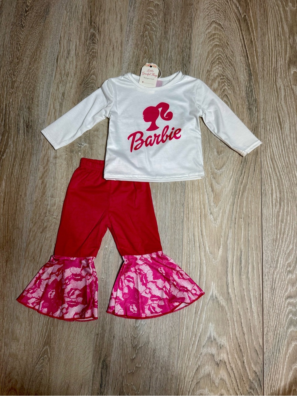 Barbie White Top with Pink Logo & Hot Pink Ruffle Pants
